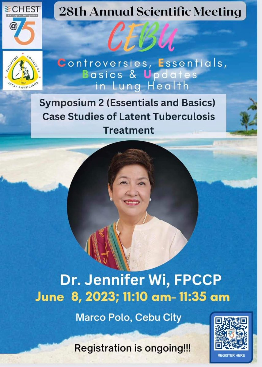CHESTPD's tweet photo. TUBERCULOSIS remains to be a prevalent disease in our country. Learn about the Utility of IGRA, Latent TB and Long-term Sequelae of TB from our experts Dr. Lalaine Mortera, Dr. Jennifer Wi and Dr. Lenora Fernandez

Please register https://t.co/K7AizAjzK0

#chestpd2023 https://t.co/ceajCzmR5p