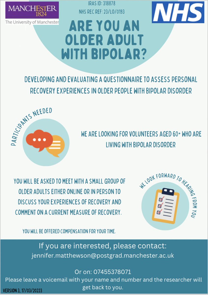 ‼ Research looking into people's experiences of living with bipolar disorder‼️If you are 60+ and have experience of bipolar we would love to hear from you

Please see advert below and let us know if you want more information✨
#bipolar #mood #research #ageing #UK #mentalhealth