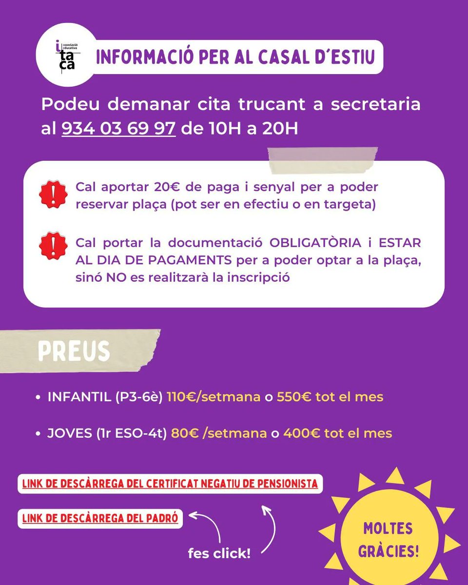 aeitaca's tweet photo. ℹ️ Ja estan obertes les inscripcions pel #CasalDEstiu d'aquest 2023☀️!
📞Podeu demanar més informació o cita prèvia trucant a secretaria al 934 03 69 97 de 10H a 20H
Us hi esperem⛵ 💕
#AEItaca #Casal #Activitats #Social #Entitat #Valors #HospitaletDeLlobregat
#LH #Barcelona https://t.co/jALfZ9Viyk