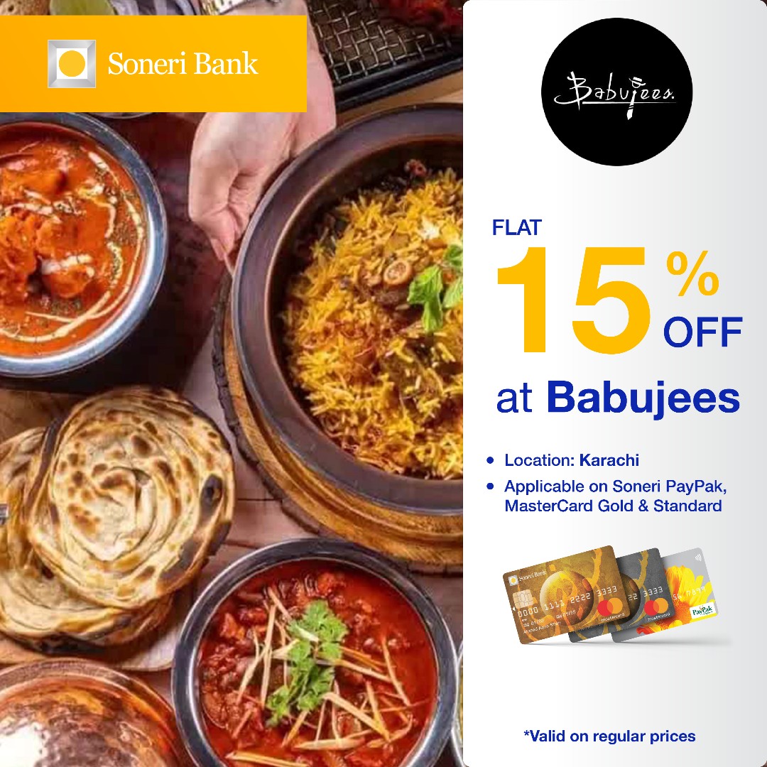 SoneriBank_Pk's tweet photo. Get ready to indulge in delicious cuisine at Babujees restaurant! Enjoy a flat 15% discount on all Soneri cards. Hurry up and treat yourself today!
T&Cs apply
#SoneriBank #RoshanHarQadam #Babujees https://t.co/fvxGmjDy5o