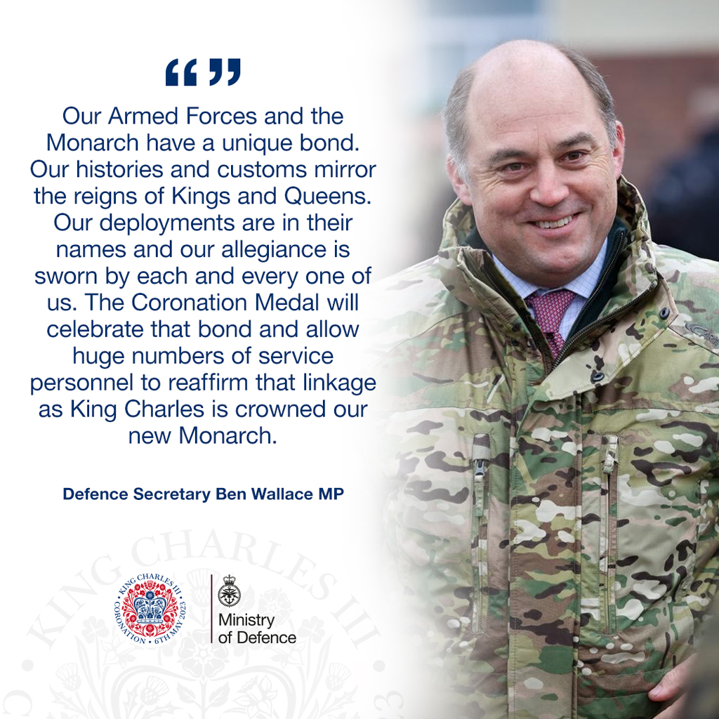 The Coronation Medal will be awarded to qualifying members of the Armed Forces and people actively contributing to The King’s Coronation. The Defence Secretary @BWallaceMP reaffirmed the link between our Armed Forces and the new Monarch. Read more here 👉 ow.ly/WzTx50OgCLP