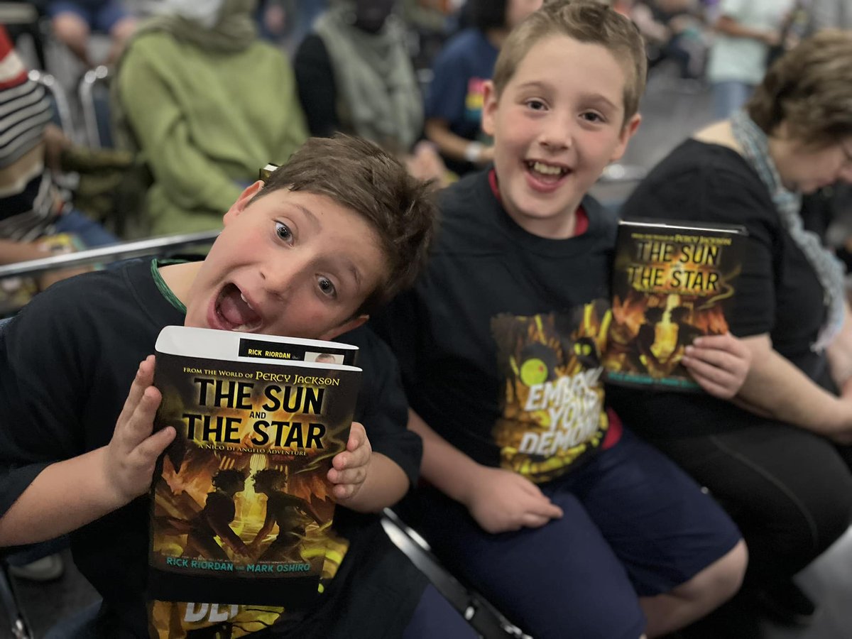 bsalba's tweet photo. These Percy Jackson fans couldn’t be more excited to see their favorite author, @rickriordan. @MarkDoesStuff kept them laughing all night. They were deep into the book by the time we got him. 
Thank you for a great night. https://t.co/NbzmWkPlLC