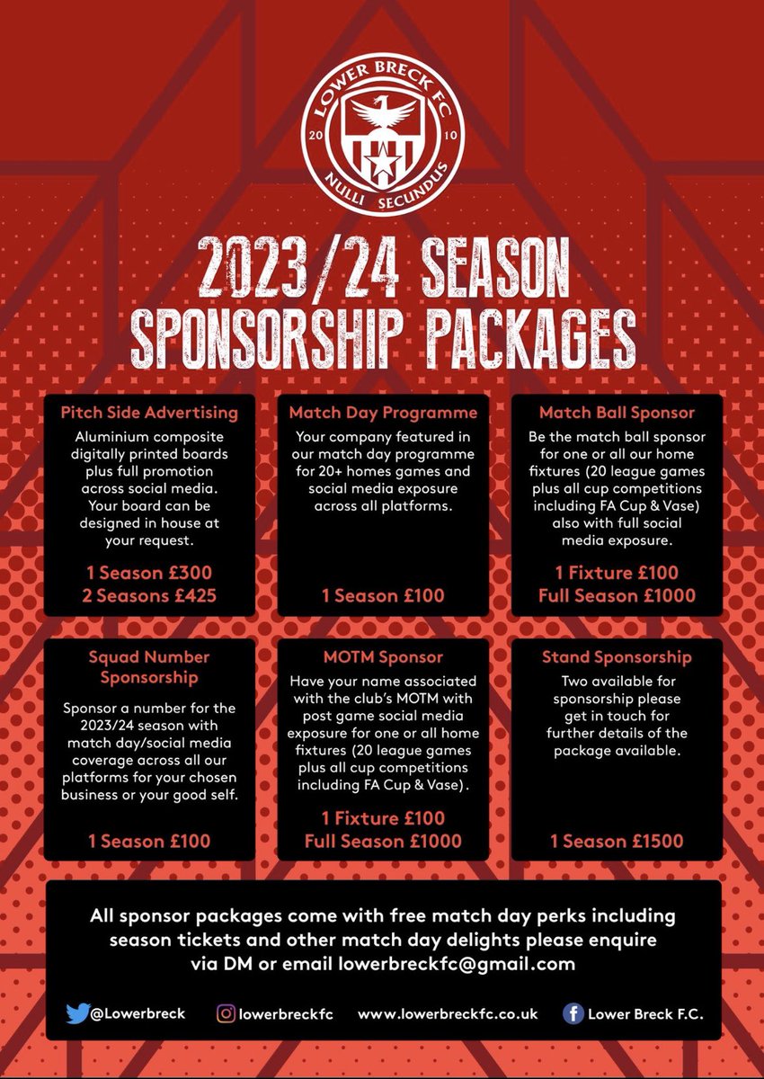 Club Sponsorship Packages are now available for the 2023/24 season.

These can be tailored to individual needs &amp; are a great way to raise your profile &amp; support your local Club.

RT's appreciated &amp; for further information DM or email  @ lowerbreckfc@gmail.com.

Thank You…⚽️