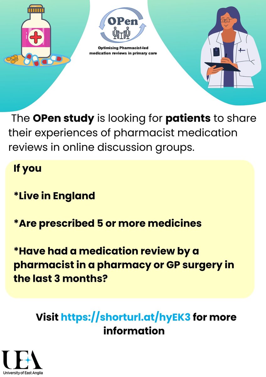 singingpharmac1's tweet photo. Exciting opportunity for patients to be involved in #medication review #research with @UEAPharmacy.
For more information, visit https://t.co/Ax7BhRwnGM
@SafeMedUse @PatientsAssoc @TheBHF @DiabetesUK @asthmauk @asthmalunguk @VersusArthritis https://t.co/nEW5MppF84