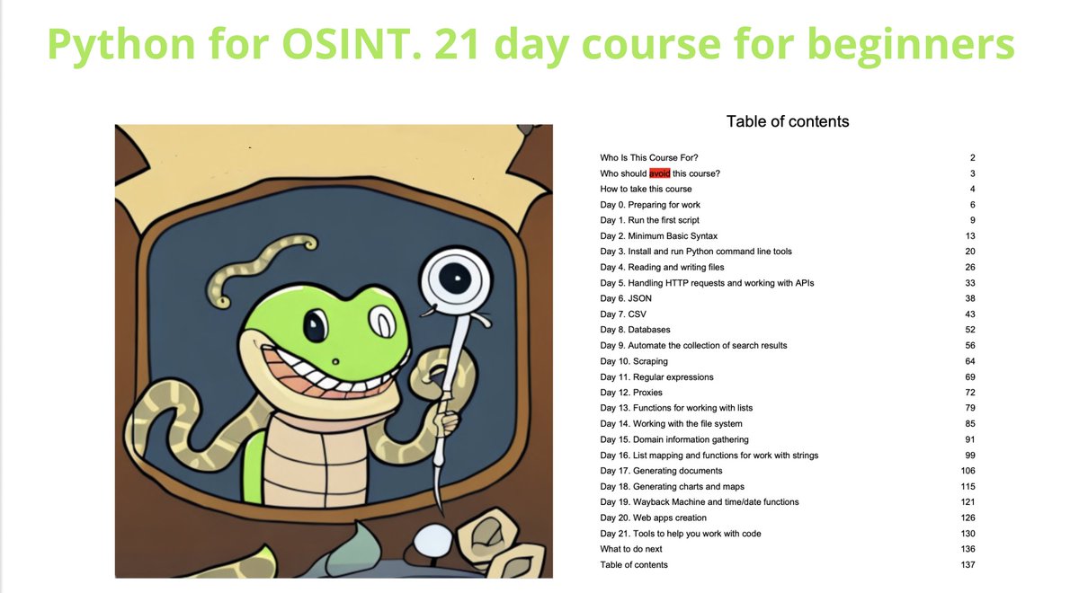 cyb_detective's tweet photo. Yesterday, my Twitter finally got 25,000+ followers🥳

I've been preparing for this day for several months now, and today I present to you the book 

PYTHON FOR OSINT. 21 DAY COURSE FOR BEGINNERS

https://t.co/9ntDwKrRi5

(the course is free, donate just if you want) https://t.co/cEecPEmq6Q