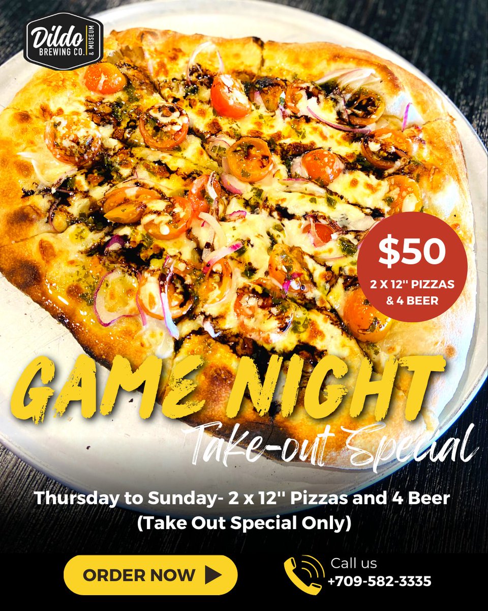 🎮🍕🍺Get ready for an epic game night with our special take-out deal at the Dildo Brewery. Order two stone oven pizzas and a 4-pack of our Dildo Brewery beers for only $50. Whether you're watching the playoffs or any other games tonight, this deal is perfect for you!
