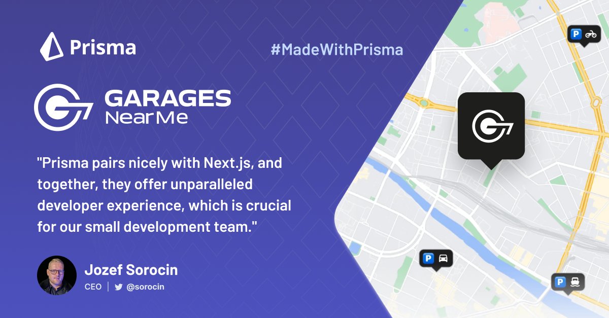 prisma's tweet photo. π Garages Near Me is an online platform to connect drivers and parking providers.
With a platform written in end-to-end #TypeScript and @MongoDB as their primary db, Prisma was a natural fit.
More #MadeWithPrisma stories at https://t.co/q1j4QoIFhD https://t.co/5Lp5flx38c
