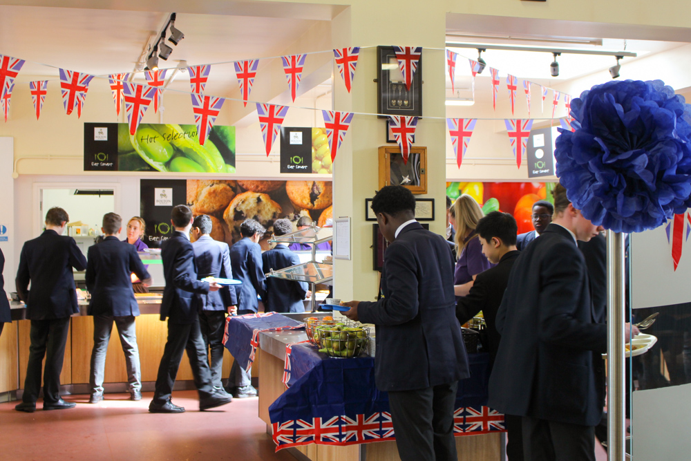 BoltonSch's tweet photo. Bunting is up for today's #coronation lunch at #BSBD! In fact, our catering staff have pulled out all the stops (and all the decorations!) to make today's lunch special across the whole Foundation. https://t.co/jdO1VGdvq4