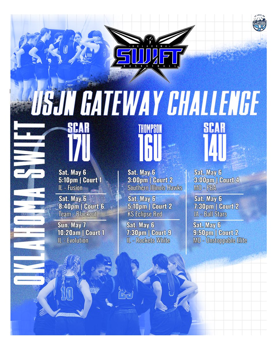 CyFair Elite Oklahoma (@cyfairoklahoma) on Twitter photo USJN Gateway Challenge Schedule
17U Scar National
16U Thompson National
14U Scar National
🗣️Lead Coaches:
Crystal Scarborough <a href="/CoachScar21/">Crystal Scarborough</a>
Jaylen Thompson <a href="/CoachJThompson0/">Jaylen Thompson</a>
#BleedBlue #WeAreSwift USJN Gateway Challenge Schedule
17U Scar National
16U Thompson National
14U Scar National
🗣️Lead Coaches:
Crystal Scarborough <a href="/CoachScar21/">Crystal Scarborough</a>
Jaylen Thompson <a href="/CoachJThompson0/">Jaylen Thompson</a>
#BleedBlue #WeAreSwift