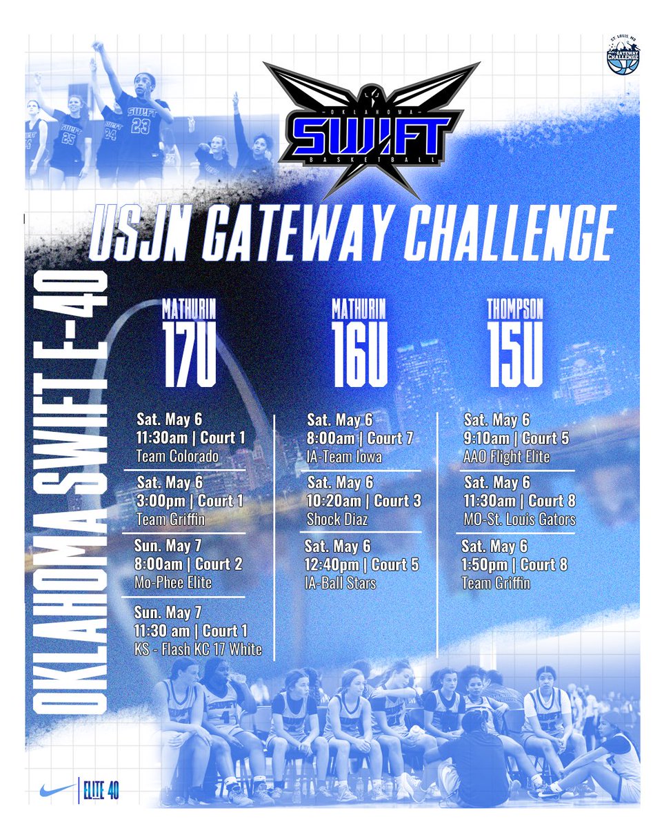 USJN Gateway Challenge Schedule 17U Mathurin E40 16U Mathurin E40 15U Thompson E40 🗣️Lead Coaches: Amber Mathurin @Coach_Mathurin Jaylen Thompson @CoachJThompson0 #BleedBlue #WeAreSwift