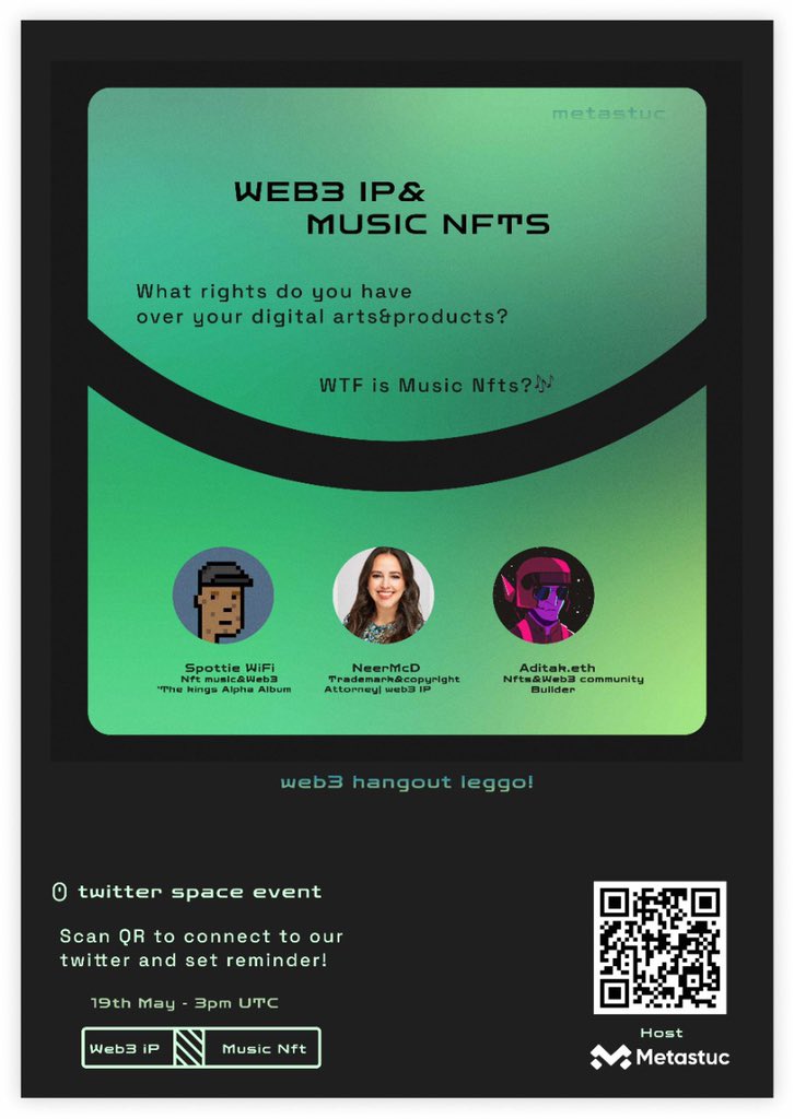 metastuc's tweet photo. Set a reminder for our upcoming Space! Let’s discuss web3 IP &amp; Music NFTs with our top guests in web3 ⚡️🚀https://t.co/9lsrErD9GY… https://t.co/qW7OpygmgG