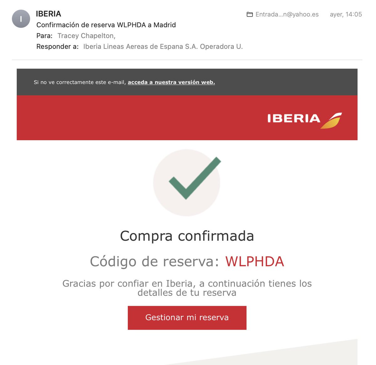 TraceyChapelton's tweet photo. @Iberia La respuesta que me habéis facilitado: "está cancelada por no pago, por lo que el importe es una retención, por lo que no tiene billetes en esta reserva" no coincide con el correo que he recibido ayer. Algo en vuestro sistema falla. https://t.co/FLBG4THwPF