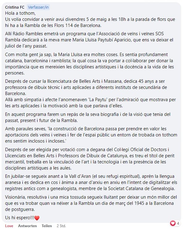 Avui, 5 de maig, programa de ràdio dedicat a la Maria Lluïsa Paytubí Aparicio. Llegiu la nota que ha escrit el seu fill per saber qui va ser i què va fer la Maria Lluïsa, sòcia que fou de la SCG.

Avui a les 18h en directe des de la parada de flors a Rambla de les Flors 114.