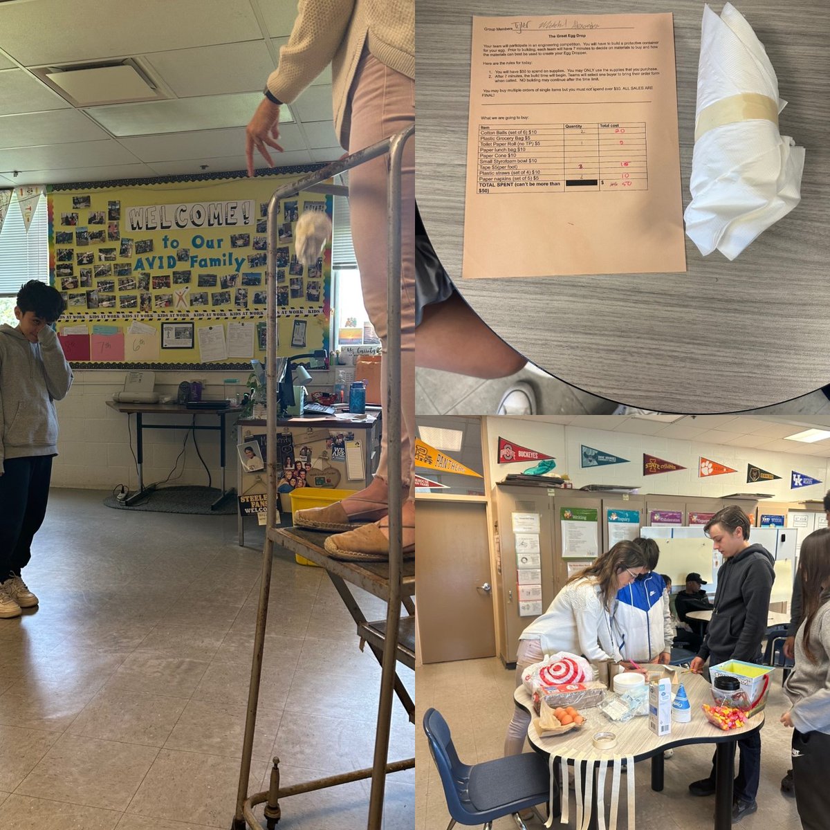 Our 7th grade AVID students completed an egg drop competition! Students worked in groups to spend "50 dollars" to buy supplies, create a contraption to protect the egg, then see if their egg survived the drop!! #Cooperation #AVID