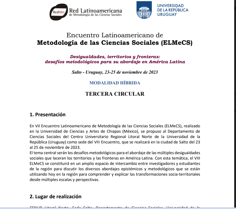 📣Nueva circular VIII Encuentro ELMECS, Salto (Uruguay) - 22 al 24/11 2023. Coordinando Mesa 16: Métodos de análisis de redes sociales, y de medición de complejidad social. con N. Chuchco  y D. Masello desde <a href="/cieauntref/">Centro Interdisciplinario Estudios Avanzados</a> #UNTREF. Ponencias plataforma
web: elmecs.fahce.unlp.edu.ar/viii-elmecs/pa…