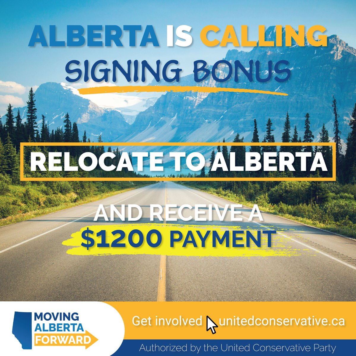 ABDanielleSmith's tweet photo. Alberta is calling workers from across Canada to move here and help keep our economy growing.

If re-elected, United Conservatives will offer a $1200 signing bonus for doctors, nurses, and other skilled tradespeople we need to move to and work in Alberta.

#abvotes #abpoli #teamUCP