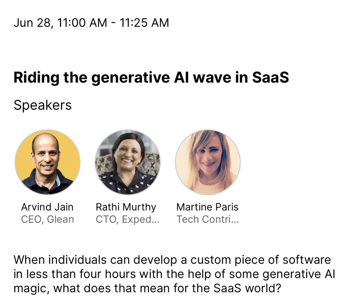 contentnow's tweet image. #collision2023 Excited to be speaking on the promise and peril of generative #AI with @Expedia Group CTO Rathi Murthy and @Glean CEO @jainarvind at @CollisionHQ in Toronto on June 28 - join us! 

collisionconf.com/schedule/cc23/…