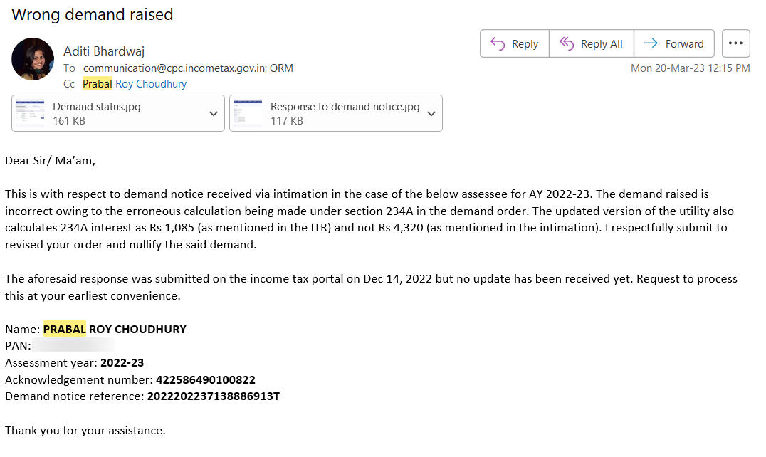 CAAditiBhardwaj's tweet photo. @IncomeTaxIndia Request to kindly address this demand raised erroneously. Email sent and response also submitted on the portal. Corrective action is pending.  

Please assist in nullifying the demand. https://t.co/GFTHczNT3M