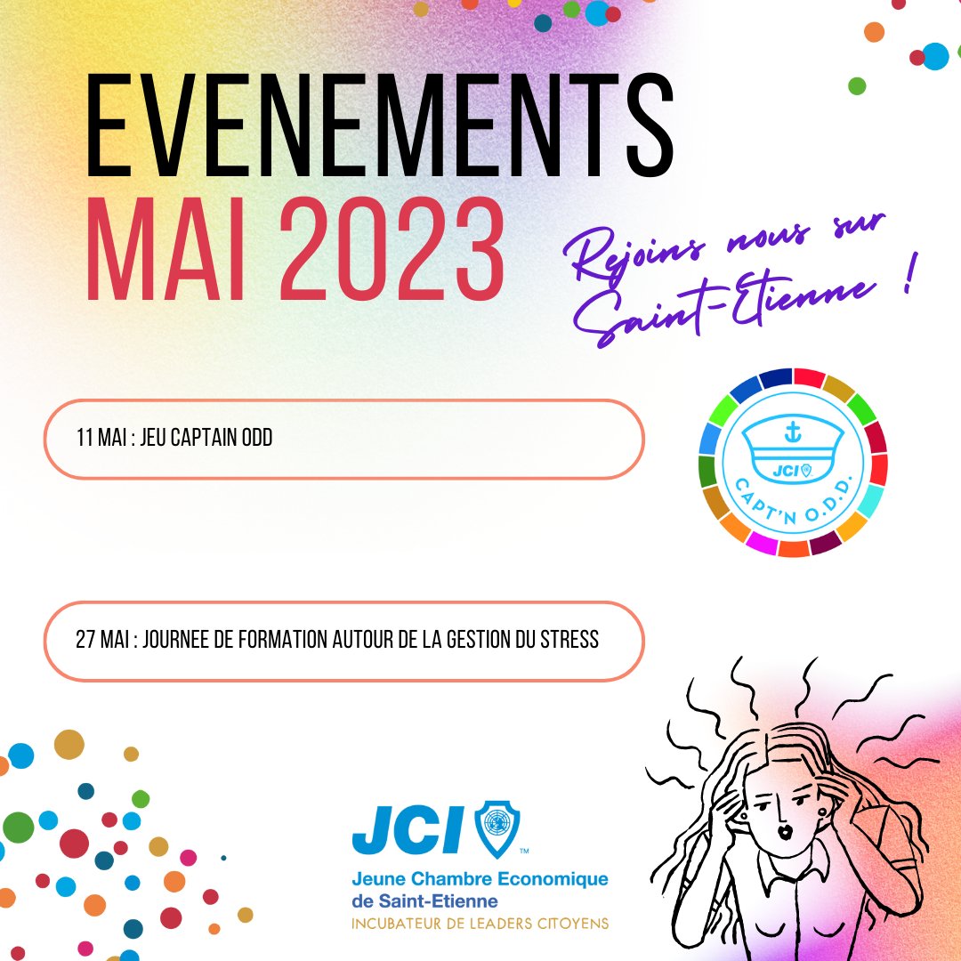 A vos Agendas ! 
La JCE vous permet de développer vos compétences et votre réseau ce mois-ci ! 📷
RDV :  😆
- le 11 mai : Jeu autour du développement durable
- le 27 Mai : Journée de formation consacrée à la gestion du stress 
Inscription  ici : urlz.fr/lxod