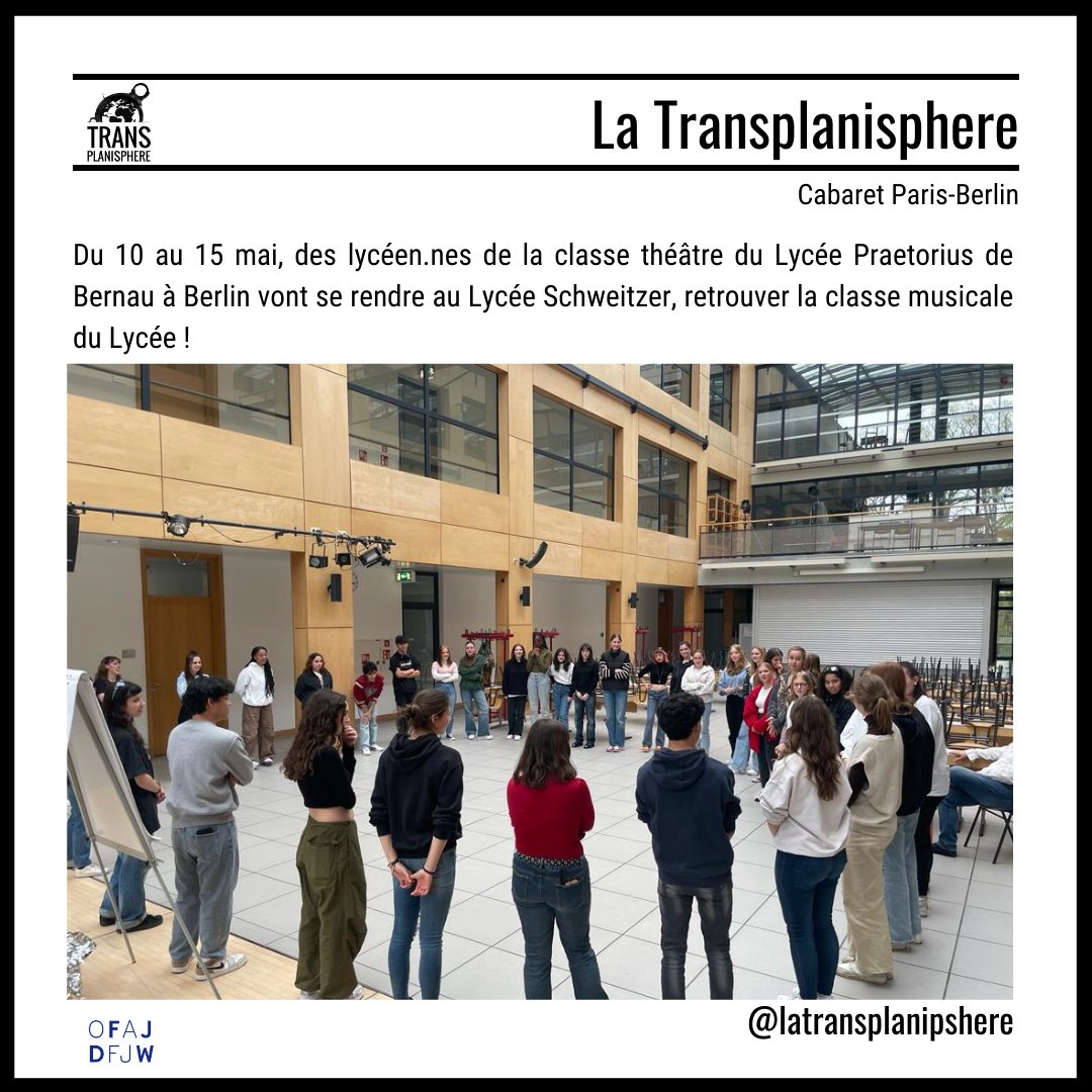LaTranspla's tweet photo. From 10 to 15 May, students from the theatre class of the Lycée Praetorius in Bernau, Berlin, will travel to the Lycée Schweitzer to meet the Lycée's music class!
This new project, called CABARET PARIS-BERLIN, is a meeting between two groups of French and German students. https://t.co/Gykt3dhYsD