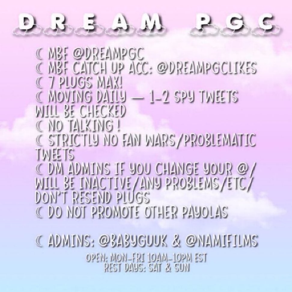 RECRUITING ACTIVE MEMBERS FOR DREAM STRICT PGC HYPE GC

☾ rt &amp; reply to be added
☾ all fandoms welcome 
☾ no fan wars !
☾ don’t join if ia!
☾ mbf <a href="/dreampgc/">dream pgc ☾</a> + admins <a href="/babyguuk/">♡ princess</a> &amp; <a href="/NAMIFILMS/">nami 🌊</a> &amp; @rainsoften 
☾ mbf like acc: <a href="/dreampgclikes/">♡ dream pgc likes</a>