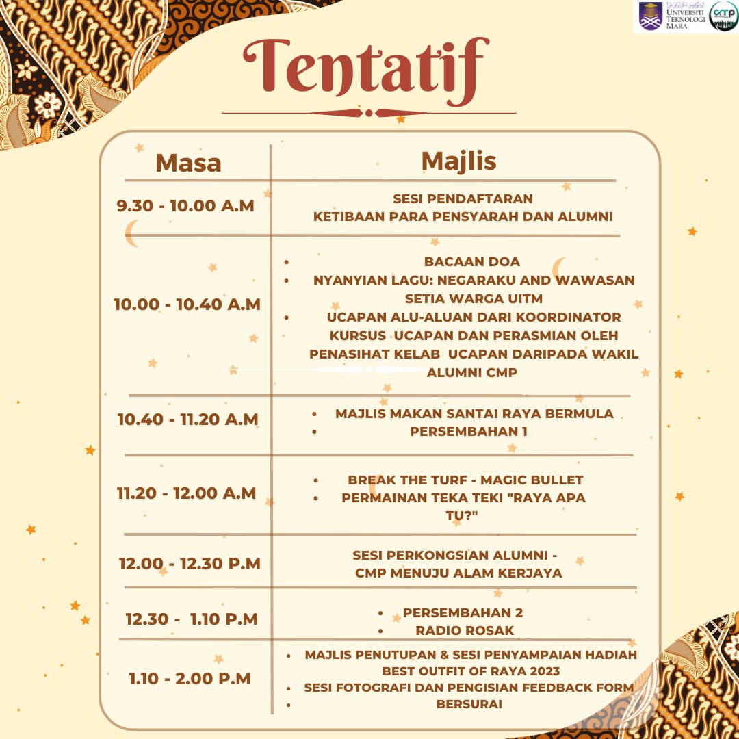 cmapassoc's tweet photo. Ada mata pandanglah keindahan,
Ada mulut berbudilah pertuturan;
Ada hati berilah kesayangan,
Ada salah silap silalah maafkan

What are the interesting programs that will be carried out?🤔🤩

The following is a tentative Santai Raya ceremony that will be held on: https://t.co/ARkkaVhd2q