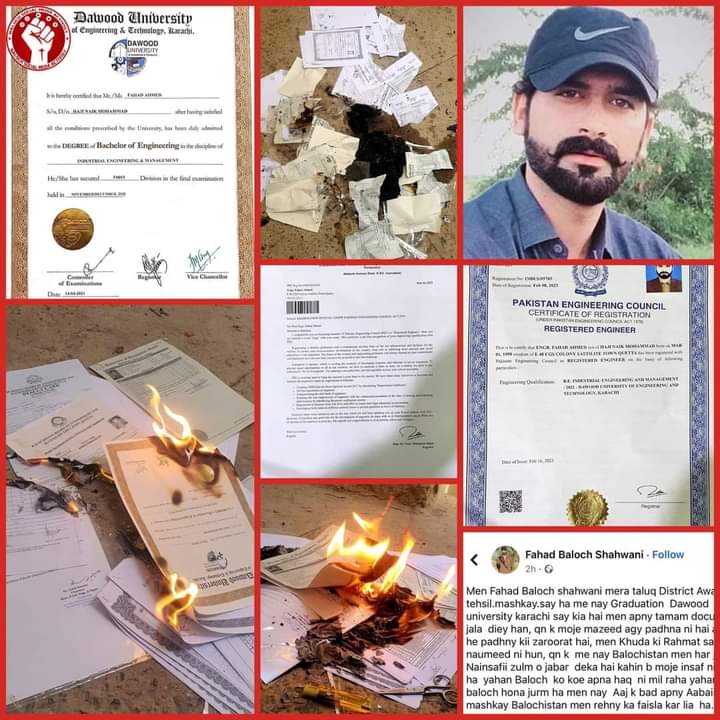 تعلیمی اسناد جلانے کیلیے بڑا دل و گردہ چاہییے ۔ کیونکہ بلوچستان کے غریب طلباء و طالبات ہزار مصائب کے بعد ایک پروفیشنل ڈگری حاصل کرتا ھے  جسکی وجہ  انجئینرنک کی ڈگری یافتہ ہیں۔ فہد بلوچ بلوچستان میں بےروزگاری اور ناانصافی کی وجہ سے مایوس ہوکر اپنی تعلیمی اسناد جلا دیے
