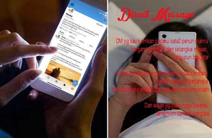 DM yg kau kirimkan padaku kata2 penuh makna bergambar kupu2 dan setangkai mawar, hatikupun bergetar

Merah menyala bunga merekah di sudut mataku, kepak sayapnya bercahaya bak kilau kaca jendela dgn sebuah panorama indah

Dan wajah yg menunggu balasku tersenyum seindah banglala