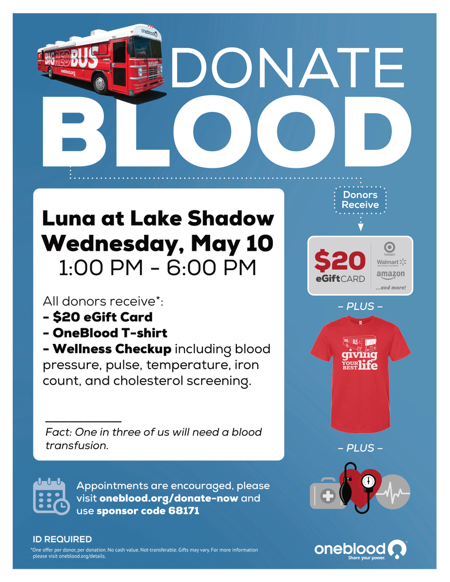 Donate Blood. OneBlood Drive 05.10.23 from 1pm - 6pm 🩸 🚌 💉
All donors receive a $20 egift card, 👕, and wellness check-up!

#donateblood #donate #give #blood #cushwake #cushwakeliving #residents #residentsgiveback #oneblood #blooddrive #bigredbus #redbus #givingyourbestlife