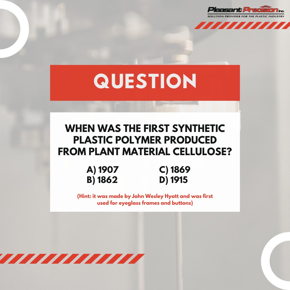 TeamPPI's tweet image. When was the first synthetic plastic polymer produced from plant material cellulose? Drop your guesses in the comments! #PlasticTalk #PlasticManufacturing