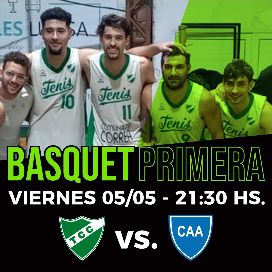 Esta noche “Los Voladores” reciben a Almafuerte de Las Rosas en el 20 de Junio a las 21:30hs! 
Vení a alentar 💚💪🏻

#tcc #tenisclubcorrea #basquet