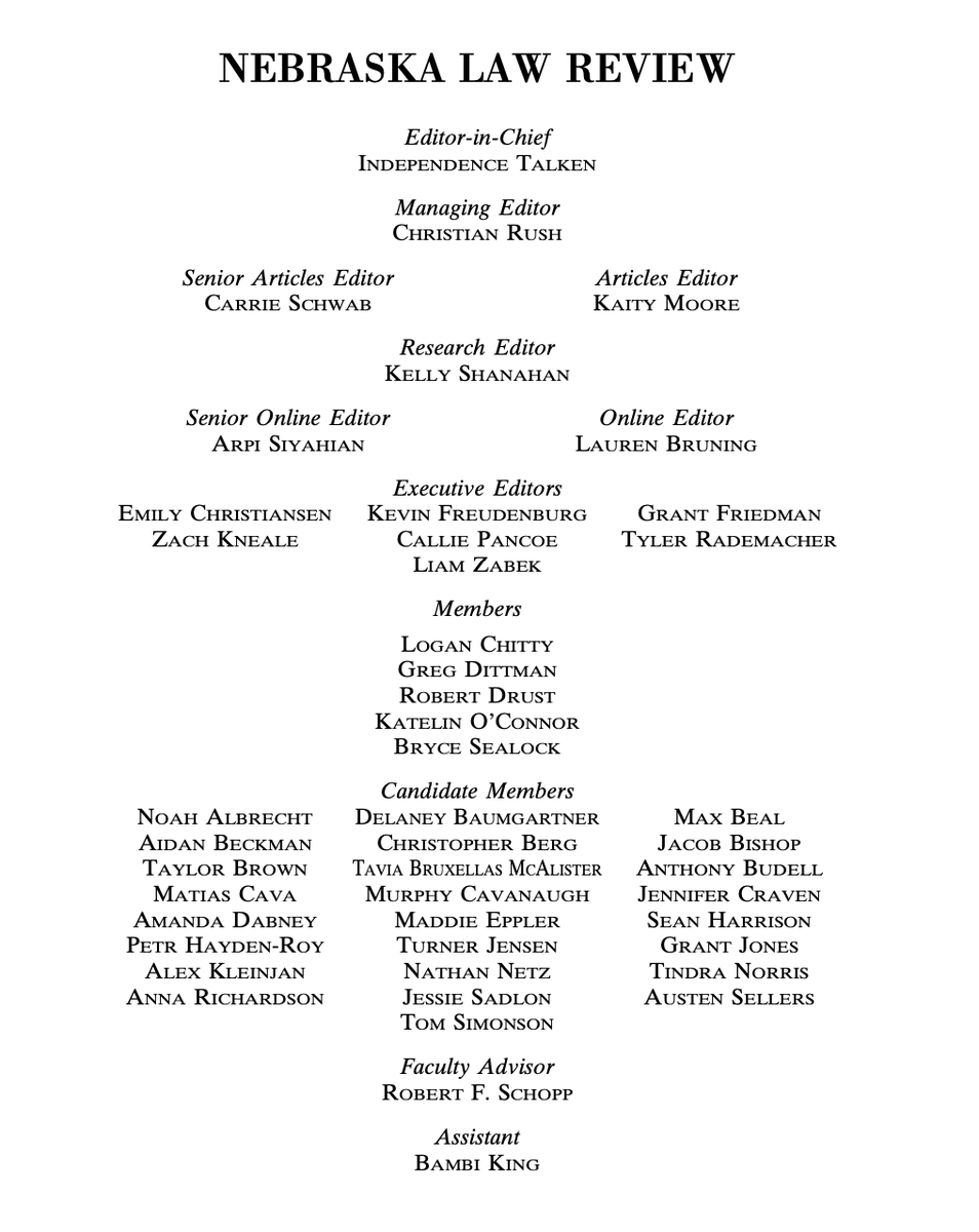 NebLRev's tweet photo. We are pleased to announce the publication of Volume 101, No. 2 of the Law Review, dedicated to the memory and legacy of Dean Anna Williams Shavers. We are honored to include her last article, alongside tributes from the @UNLCollegeofLaw community. https://t.co/v5o9D6xicD https://t.co/7YJwPgWWua