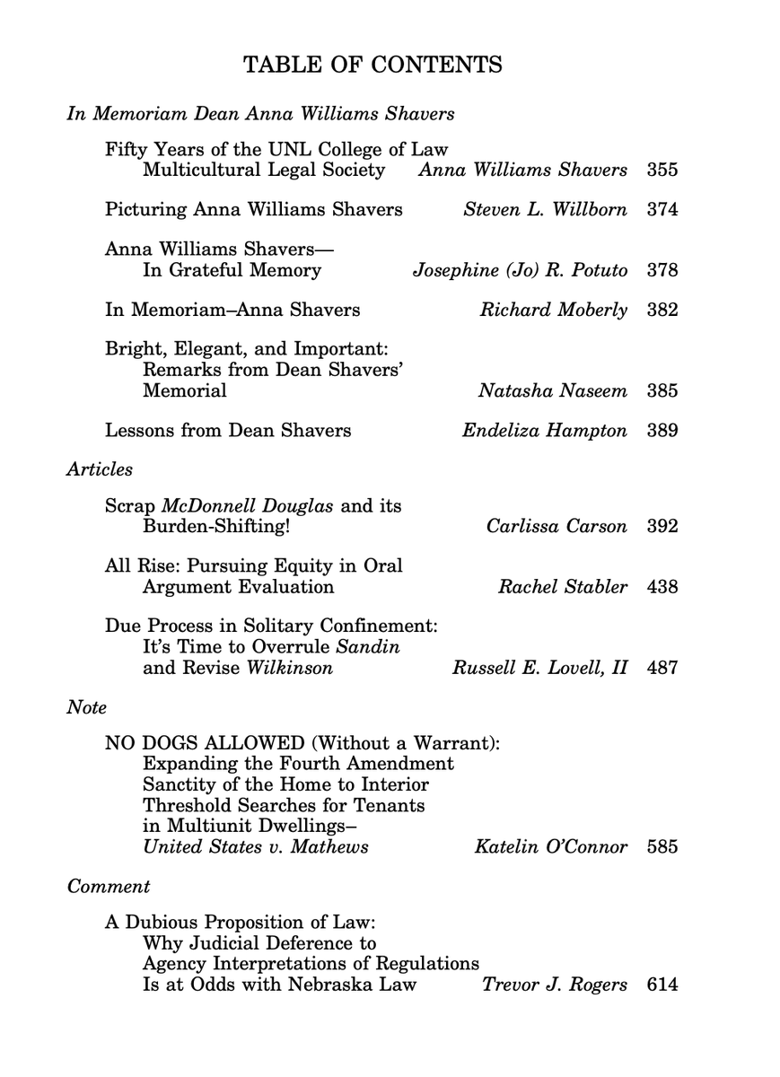 NebLRev's tweet photo. We are pleased to announce the publication of Volume 101, No. 2 of the Law Review, dedicated to the memory and legacy of Dean Anna Williams Shavers. We are honored to include her last article, alongside tributes from the @UNLCollegeofLaw community. https://t.co/v5o9D6xicD https://t.co/7YJwPgWWua