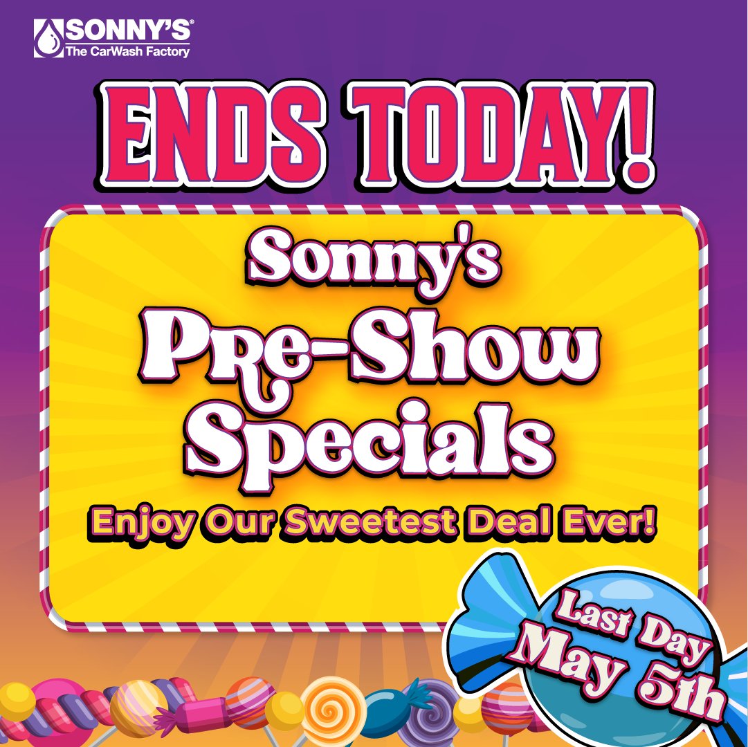 🚨 Pre-Show Special ends TODAY! 🚨Last chance opportunity to $AVE THOU$ANDS.  
sonnysdirect.com/preshow
#preshowspecial #carwash #sonnysthecarwashfactory #memberrewards