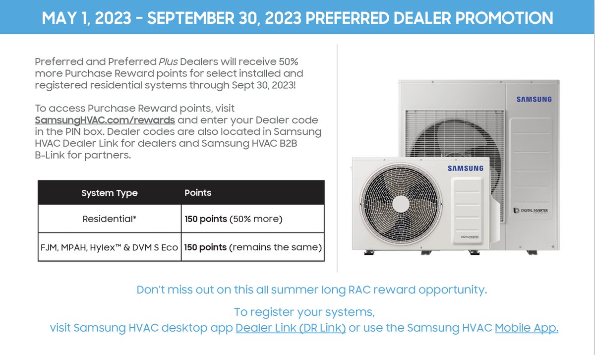 Get up to 50% more points (150 points) for each installation of a residential, FJM, or Hylex unit! Promo ends Sept 1st, and points can be used for rewards! Get started today!

#hvacinstall #minisplit #samsunghvac #summerpromotion #heatingandcooling #hvacsupplier #hvacservice
