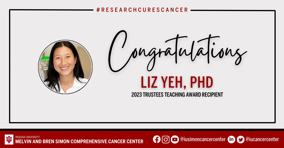 IU Simon Comprehensive Cancer Center (@iucancercenter) on Twitter photo Congratulations to the cancer center’s Liz Yeh (@DrEYeh), PhD, for receiving the Trustees Teaching Award, established by <a href="/IndianaUniv/">Indiana University</a>’s Board of Trustees. This award honors faculty who have positively impacted student learning, especially undergraduates. Congratulations to the cancer center’s Liz Yeh (@DrEYeh), PhD, for receiving the Trustees Teaching Award, established by <a href="/IndianaUniv/">Indiana University</a>’s Board of Trustees. This award honors faculty who have positively impacted student learning, especially undergraduates.