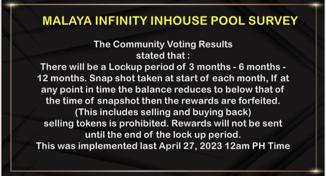 MALAYA INFINITY INHOUSE POOL

✅Lockup period of 3months-6months-12months.

✅Snapshot taken at start of each month,If at any point in time the balance reduces to below that of
the time of snapshot then the rewards 
are forfeited.

<a href="/MalayaInfinity/">Malaya Infinity</a> #xMalaya #FinancialFreedom
