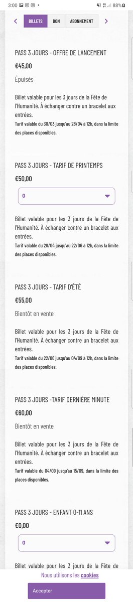 Le prix des billets pour la <a href="/FetedelHumanite/">Fête de l'Humanité</a> augmente au fil du temps. Ils sont actuellement à 50€ sur le site officiel, mais vous pouvez les obtenir à 40€ auprès des militant·es, et pour ce prix jusqu'à la dernière minute !