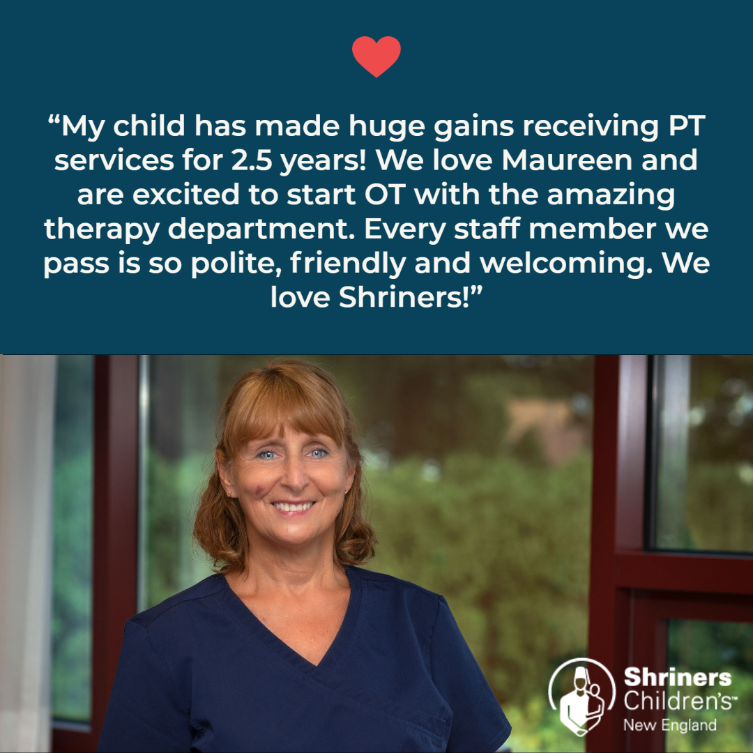ShrinersNewEng's tweet photo. Physical therapist Maureen Nahorniak, PT, MBA, DPT, has delivered top-notch care to her patients for over 40 years! Her dedication to Shriners Children’s reinforces each family's specialized experience from the moment they arrive. ❤️ https://t.co/UL3AnFE8OV