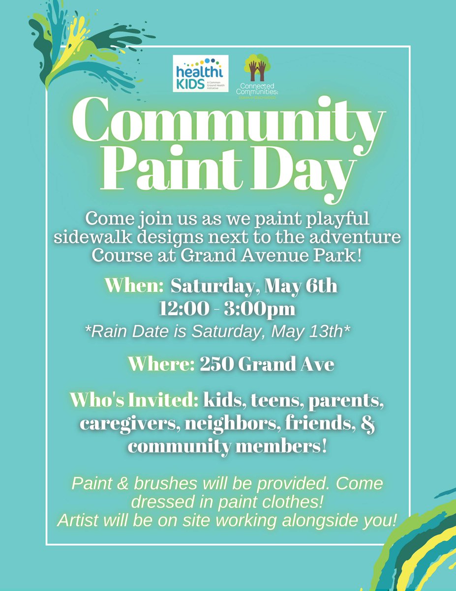 DON'T FORGET: TOMORROW is COMMUNITY PAINT DAY! From 12-3 at 250 Grand Ave, we will be painting playful sidewalk designs next to the adventure course at Grand Avenue Park. Paint and brushes will be provided: All that we need is YOU (in paint clothes)!

@ConnectedComROC