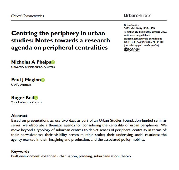 USJ_online's tweet image. #CriticalCommentary: Centring the periphery in urban studies: Notes towards a research agenda on peripheral centralities by Nicholas A Phelps, Paul J Maginn and Roger Keil
ow.ly/TxpB50O9y1n
@TheBigNA @Planographer @rkeil @USForg