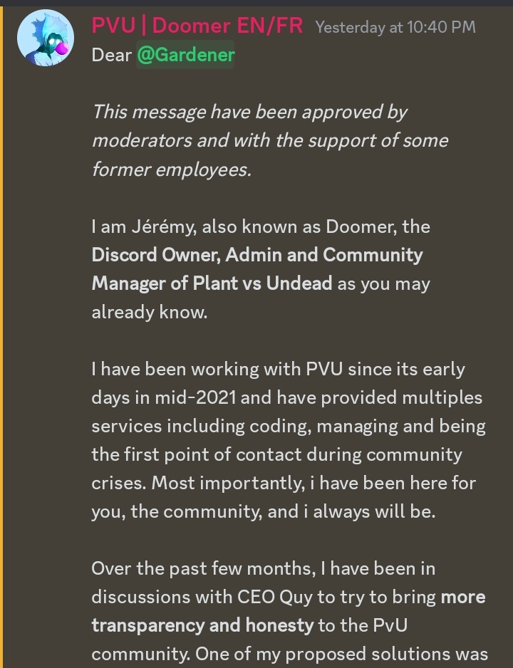 CryptoalertNft's tweet image. Gm frens!
Vamos con el #ResumenMañanamero

Golpe de estado en #PVU?

#Doomer, Head #PlantvsUndead a lanzado un explosivo comunicado hablando de el errático comportamiento del CEO, cuenta cómo ofreció comprar el juego y finalmente lanza un  ultimátum a Quy Tran, actual CEO