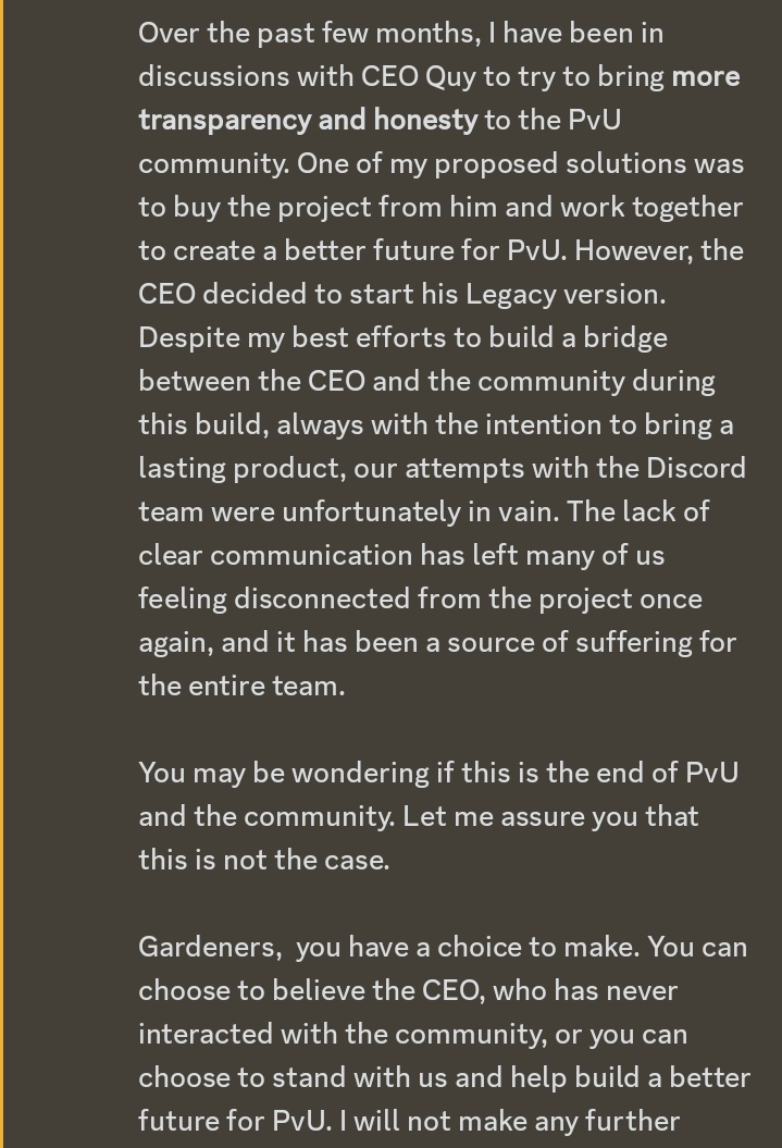 CryptoalertNft's tweet image. Gm frens!
Vamos con el #ResumenMañanamero

Golpe de estado en #PVU?

#Doomer, Head #PlantvsUndead a lanzado un explosivo comunicado hablando de el errático comportamiento del CEO, cuenta cómo ofreció comprar el juego y finalmente lanza un  ultimátum a Quy Tran, actual CEO