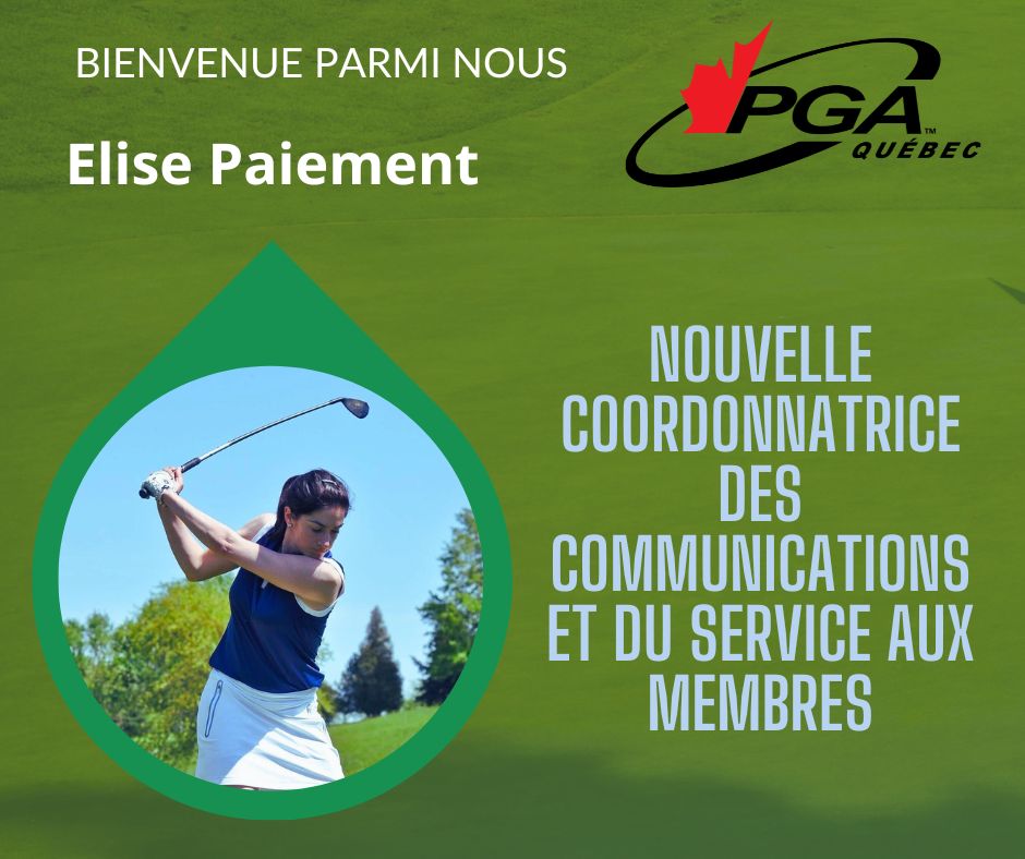 La PGA du Québec est heureuse 😃de vous annoncer l'embauche d'Élise Paiement au poste de Coordonnatrice des communications et du service aux membres. Élise, qui membre Classe A de notre association 🏌️‍♀️, rejoindra l'équipe à compter du 8 mai 2023. #expertsengolf