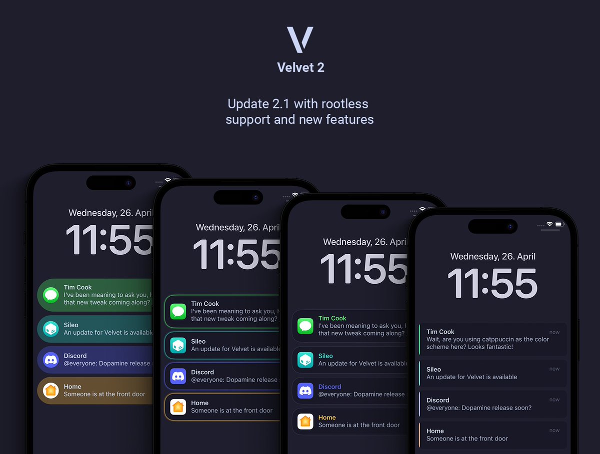 NoisyFlake (@noisyflake) on Twitter photo 💥 Velvet 2 #Giveaway 💥
The ultimate notification tweak for all iOS 15 & 16 jailbreaks!
To participate:
- Follow me
- Retweet and like this tweet
10 winners will be picked randomly in 48 hours :)
Don't want to wait? Get it on Chariz: chariz.com/buy/velvet-2/ 💥 Velvet 2 #Giveaway 💥
The ultimate notification tweak for all iOS 15 & 16 jailbreaks!
To participate:
- Follow me
- Retweet and like this tweet
10 winners will be picked randomly in 48 hours :)
Don't want to wait? Get it on Chariz: chariz.com/buy/velvet-2/