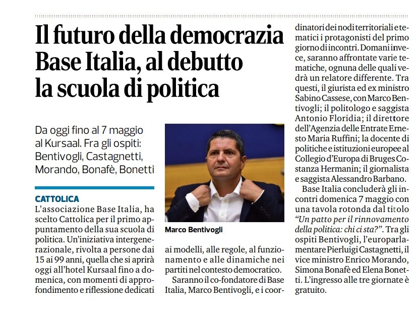 baseitaliaweb's tweet photo. Al via oggi #campobase2023 la scuola politica di #baseitalia
Ne parlano oggi Il resto del Carlino e Cattolica Valconca
#facciamobellalademocrazia https://t.co/JiDiSy4nLk