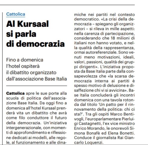 baseitaliaweb's tweet photo. Al via oggi #campobase2023 la scuola politica di #baseitalia
Ne parlano oggi Il resto del Carlino e Cattolica Valconca
#facciamobellalademocrazia https://t.co/JiDiSy4nLk