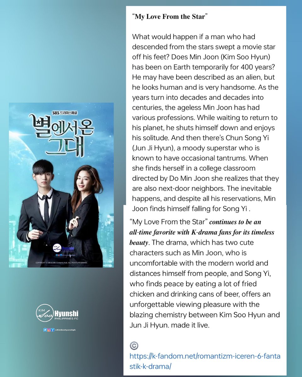 K-dramas that will give viewers a taste of the 'magic wand”.
Of course, #MyLoveFromtheStar is on the list. 

It 𝒄𝒐𝒏𝒕𝒊𝒏𝒖𝒆𝒔 𝒕𝒐 𝒃𝒆 𝒂𝒏 𝒂𝒍𝒍-𝒕𝒊𝒎𝒆 𝒇𝒂𝒗𝒐𝒓𝒊𝒕𝒆 𝒘𝒊𝒕𝒉 𝑲-𝒅𝒓𝒂𝒎𝒂 𝒇𝒂𝒏𝒔 𝒇𝒐𝒓 𝒊𝒕𝒔 𝒕𝒊𝒎𝒆𝒍𝒆𝒔𝒔 𝒃𝒆𝒂𝒖𝒕𝒚.
#KimSoohyun 
#JujinHyun