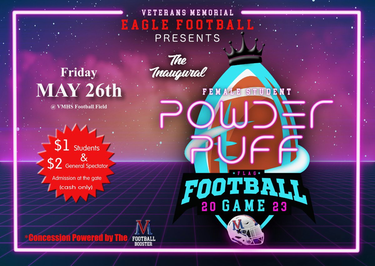 Ladies, let’s see your 7 on 7 flag football skills. Boys, you wanted to be coach? Nows your time!! What would football be without some cheerleaders?  Boys get your squad ready to show your Eagle spirit.