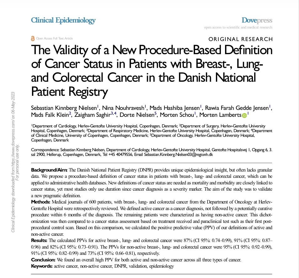 Copenhagen Cardiovascular Research Center (@copcard) on Twitter photo In this <a href="/ClinEpidem/">Clinical Epidemiology journal</a> paper <a href="/SebKinnberg/">Sebastian Kinnberg Nielsen</a> et al found that a procedure based definition of cancer status (I.e, active and non-active) is valid in breast-, lung- and colorectal cancer ✅
dovepress.com/getfile.php?fi… In this <a href="/ClinEpidem/">Clinical Epidemiology journal</a> paper <a href="/SebKinnberg/">Sebastian Kinnberg Nielsen</a> et al found that a procedure based definition of cancer status (I.e, active and non-active) is valid in breast-, lung- and colorectal cancer ✅
dovepress.com/getfile.php?fi…